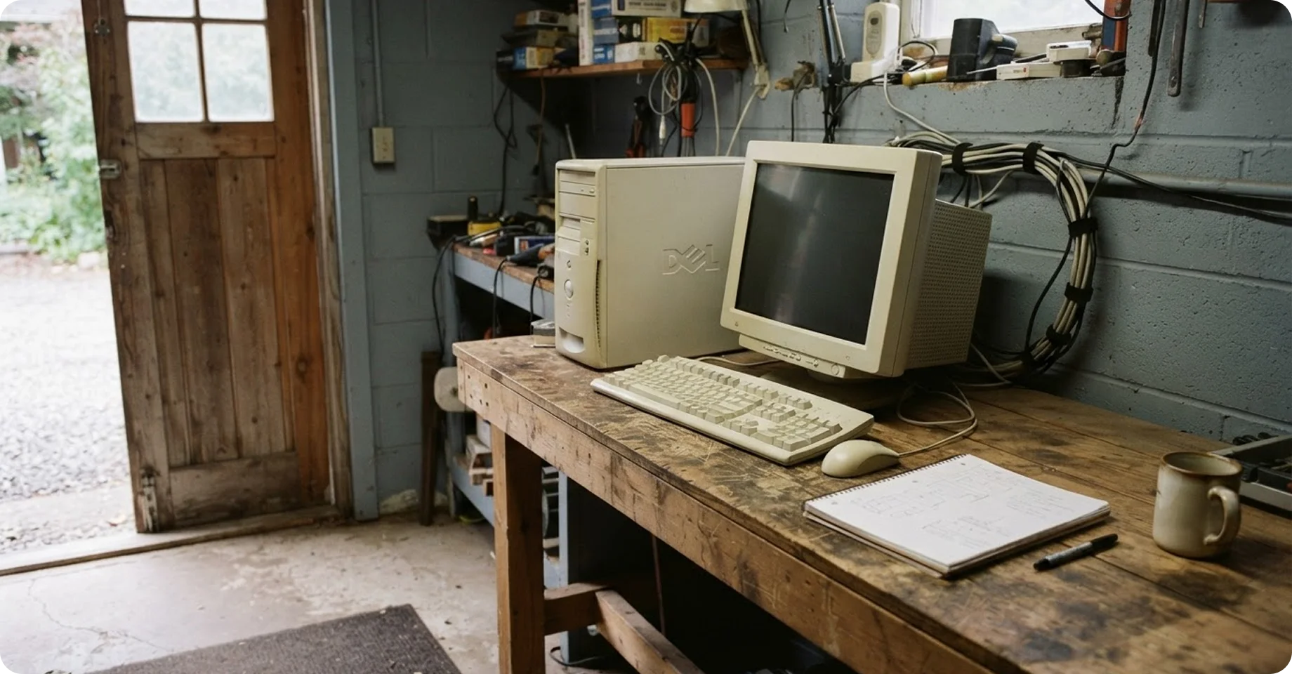 Early garage workshop with a desktop computer where the first e-auction technology was built